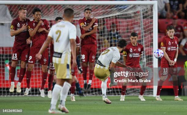 Beka Mikeltadze of Newcastle Jets takes a free kick during the round nine A-League Men's match between Adelaide United and Newcastle Jets at Coopers...