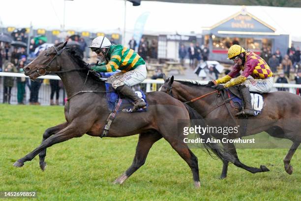 Jonjo O'Neill Jr riding Comfort Zone clear the last to win The Coral Finale Juvenile Hurdle at Chepstow Racecourse on December 27, 2022 in Chepstow,...