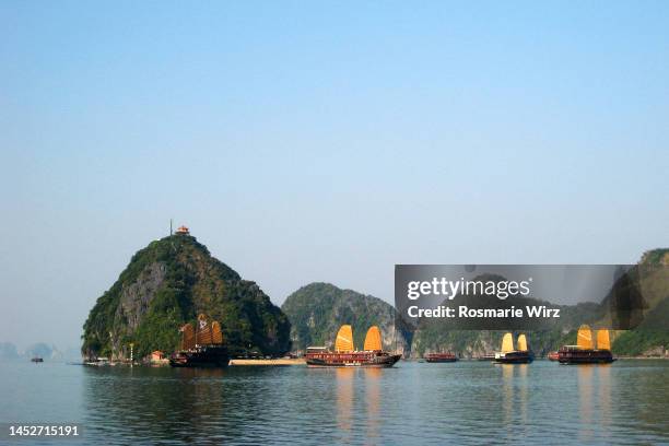 ha long bay with traditional junks, sunshine - ha long bay fotografías e imágenes de stock