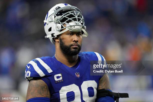DeForest Buckner of the Indianapolis Colts leaves the field after losing to the Los Angeles Chargers 20-3 at Lucas Oil Stadium on December 26, 2022...