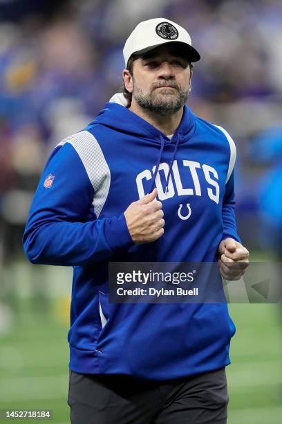 Interim head coach Jeff Saturday of the Indianapolis Colts leaves the field after losing to the Los Angeles Chargers 20-3 at Lucas Oil Stadium on...