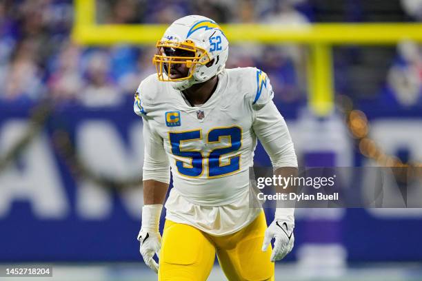 Khalil Mack of the Los Angeles Chargers lines up for a play in the third quarter against the Indianapolis Colts at Lucas Oil Stadium on December 26,...