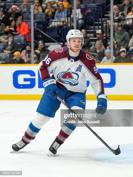 Mikko Rantanen of the Colorado Avalanche skates against the Nashville Predators during an NHL game at Bridgestone Arena on December 23, 2022 in...