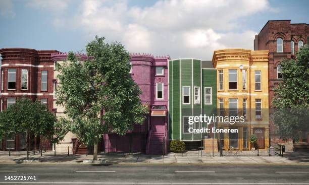 multi colored row houses - row house stock pictures, royalty-free photos & images