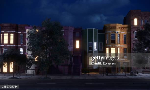 multi colored row houses - housing development road stock pictures, royalty-free photos & images