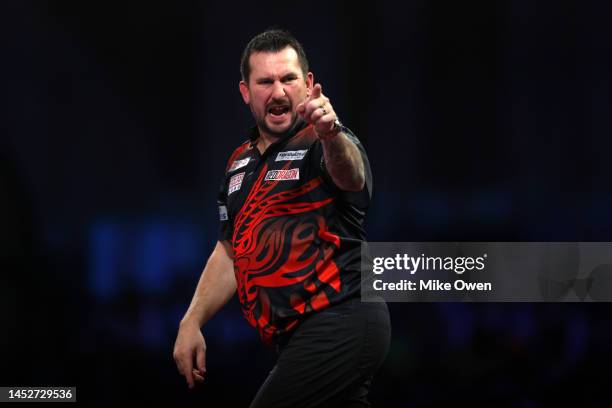 Jonny Clayton of Wales celebrates during his Third Round match against Brendan Dolan of Northern Ireland during Day Eight of The Cazoo World Darts...