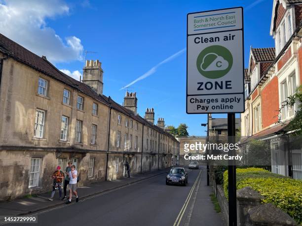 Clean Air Zone sign is seen beside a street of residential houses in the historic city of Bath on October 8, 2022 in Bath, England. The UNESCO World...