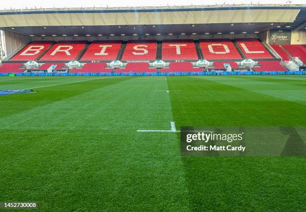 Close up of grass growing on the pitch and a general view of a empty Ashton Gate Stadium home of Bristol City FC and Bristol Bears Rugby on October...