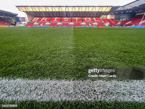 Close up of grass growing on the pitch and a general view of a empty Ashton Gate Stadium home of Bristol City FC and Bristol Bears Rugby on October...