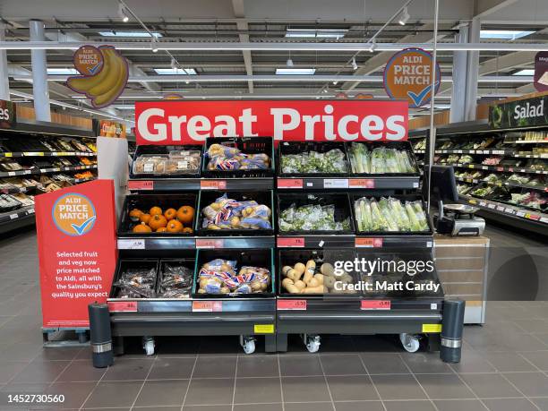 Fruit and vegetables are offered for sale inside a branch of the supermarket retailer Sainsbury's on December 03, 2022 in Bristol, England. The UK is...
