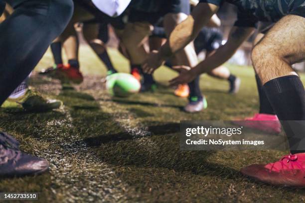 rugby team practicing scrum - rugby league scrum stock pictures, royalty-free photos & images