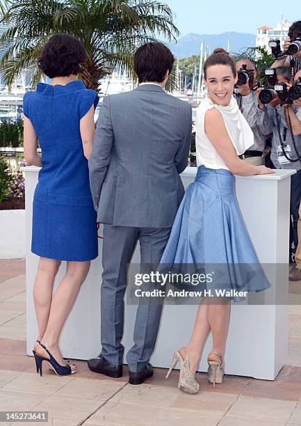 Actors Clotilde Hesme, Raphael Personnaz and Arta Dobroshi pose at the "Trois Mondes" photocall during the 65th Annual Cannes Film Festival at Palais...
