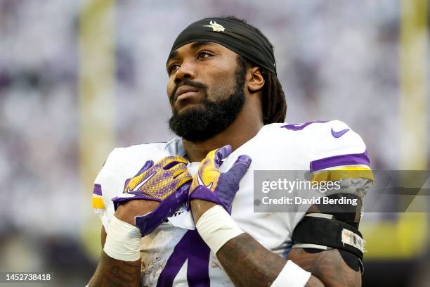 Dalvin Cook of the Minnesota Vikings looks on against the New York Giants in the second quarter of the game at U.S. Bank Stadium on December 24, 2022...