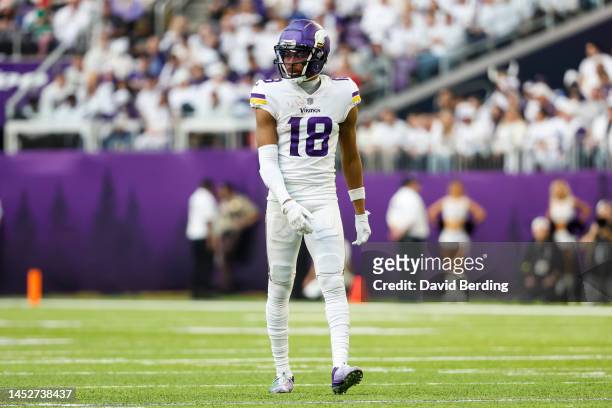 Justin Jefferson of the Minnesota Vikings looks on against the New York Giants in the third quarter of the game at U.S. Bank Stadium on December 24,...