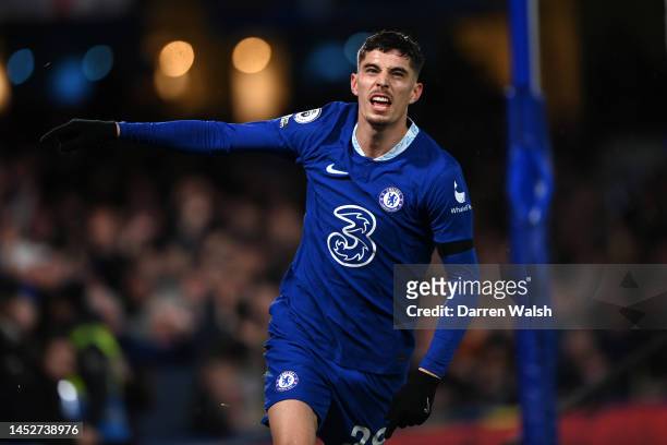 Kai Havertz of Chelsea celebrates after scoring their side's first goal during the Premier League match between Chelsea FC and AFC Bournemouth at...