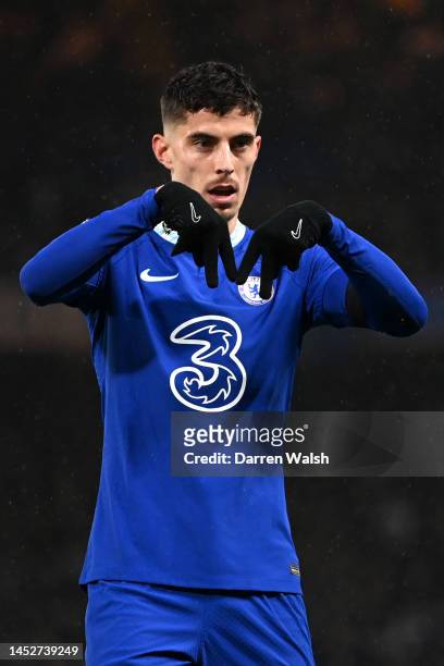 Kai Havertz of Chelsea celebrates after scoring their side's first goal during the Premier League match between Chelsea FC and AFC Bournemouth at...