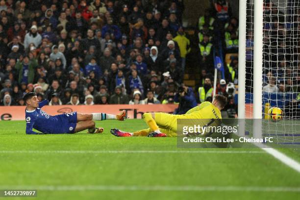 Kai Havertz of Chelsea scores their side's first goal during the Premier League match between Chelsea FC and AFC Bournemouth at Stamford Bridge on...