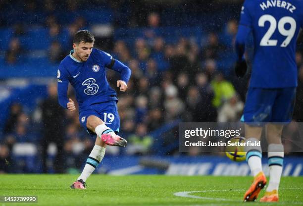 Mason Mount of Chelsea scores their side's second goal during the Premier League match between Chelsea FC and AFC Bournemouth at Stamford Bridge on...