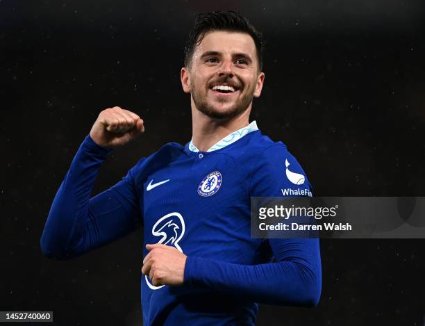 Mason Mount of Chelsea celebrates after scoring their side's second goal during the Premier League match between Chelsea FC and AFC Bournemouth at...
