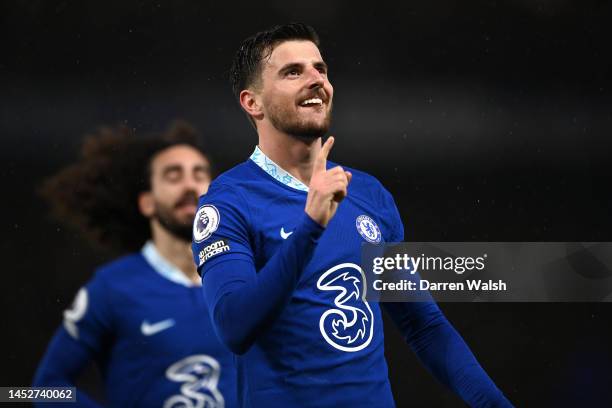 Mason Mount of Chelsea celebrates after scoring their side's second goal during the Premier League match between Chelsea FC and AFC Bournemouth at...