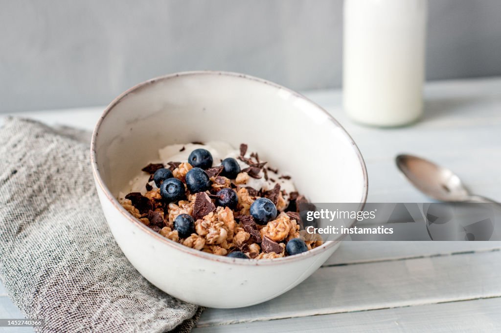 Granola with blueberries and chocolate in a bowl