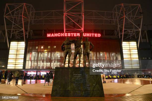 General view outside the stadium as the United Trinity statue is seen prior to the Premier League match between Manchester United and Nottingham...