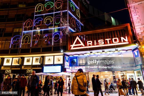 General view of festive lights outside the Ariston Theatre on December 27, 2022 in Sanremo, Italy.