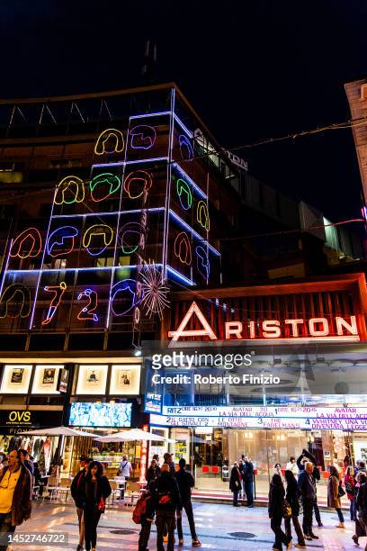 General view of festive lights outside the Ariston Theatre on December 27, 2022 in Sanremo, Italy.