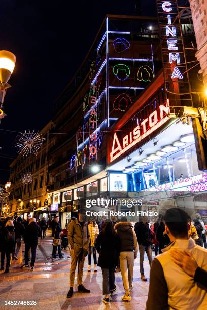 General view of festive lights outside the Ariston Theatre on December 27, 2022 in Sanremo, Italy.