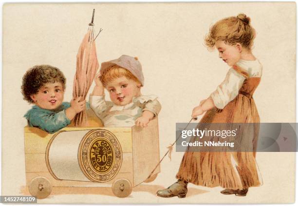 chromolithographie eines mädchens, das kleinkinder im wagen zieht - mädchen sticken stock-grafiken, -clipart, -cartoons und -symbole