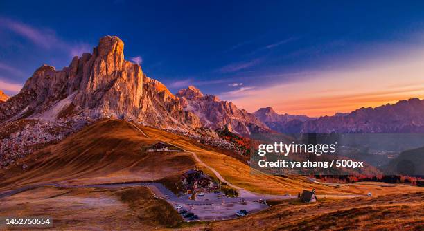 scenic view of mountains against sky during sunset,passo giau,colle santa lucia,belluno,italy - colle santa lucia stock pictures, royalty-free photos & images