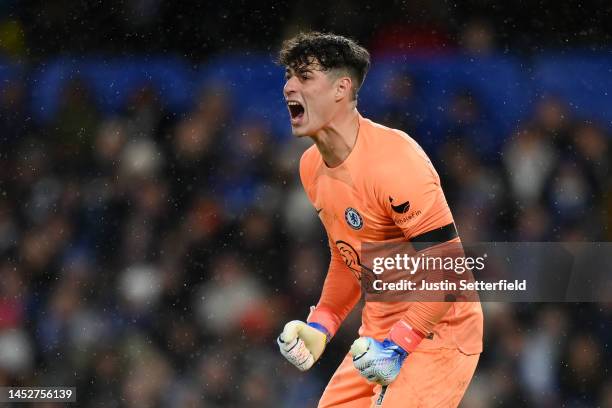 Kepa Arrizabalaga of Chelsea reacts during the Premier League match between Chelsea FC and AFC Bournemouth at Stamford Bridge on December 27, 2022 in...