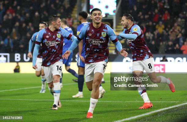 Anass Zaroury of Burnley celebrates after scoring their side's first goal during the Sky Bet Championship between Burnley and Birmingham City at Turf...