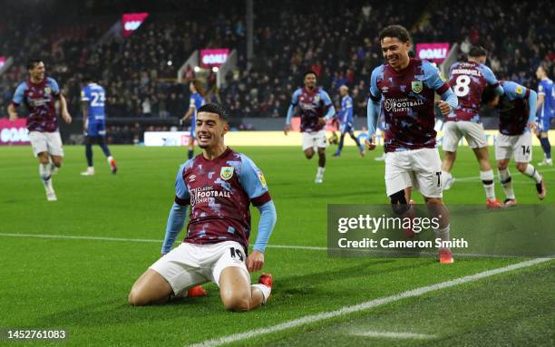 Anass Zaroury of Burnley celebrates after scoring their side's first goal during the Sky Bet Championship between Burnley and Birmingham City at Turf...