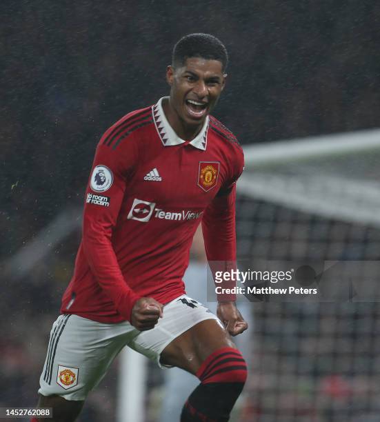 Marcus Rashford of Manchester United celebrates scoring their first goal during the Premier League match between Manchester United and Nottingham...