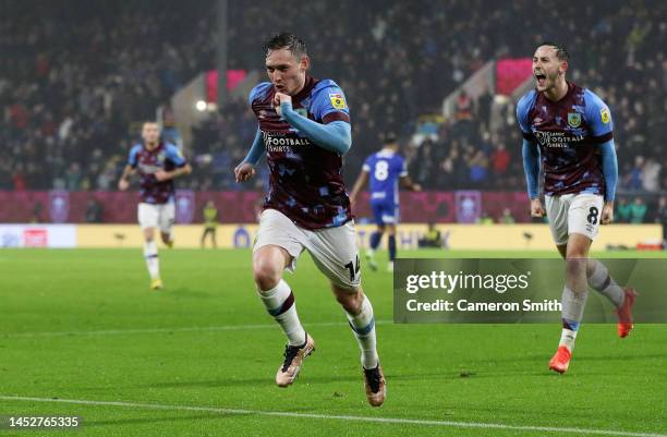 Connor Roberts of Burnley celebrates after scoring their side's second goal during the Sky Bet Championship between Burnley and Birmingham City at...