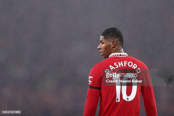 Marcus Rashford of Manchester United looks on during the Premier League match between Manchester United and Nottingham Forest at Old Trafford on...