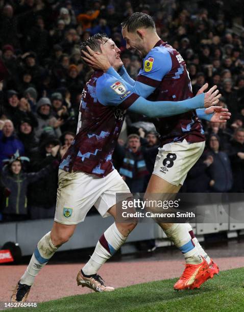 Connor Roberts of Burnley celebrates with Josh Brownhill after scoring their side's second goal during the Sky Bet Championship between Burnley and...