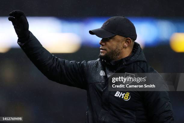 Vincent Kompany, Manager of Burnley reacts during the Sky Bet Championship between Burnley and Birmingham City at Turf Moor on December 27, 2022 in...