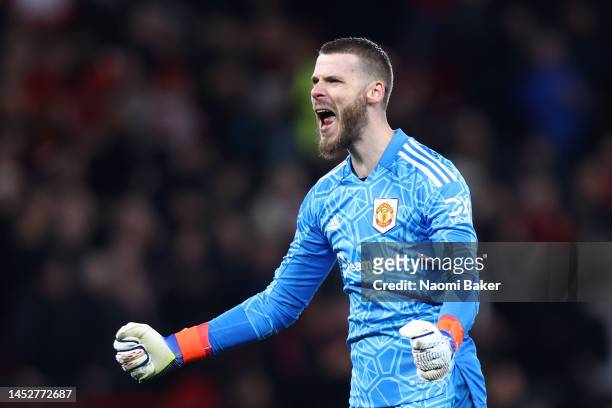 David De Gea of Manchester United celebrates their side's third goal scored by Fred of Manchester United during the Premier League match between...