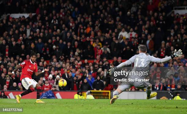 Fred of Manchester United scores their side's third goal past Wayne Hennessey of Nottingham Forest during the Premier League match between Manchester...