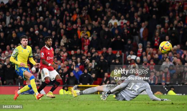 Fred of Manchester United scores their side's third goal past Wayne Hennessey of Nottingham Forest during the Premier League match between Manchester...