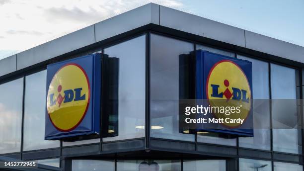 The Lidl logo is displayed inside a branch of the supermarket retailer Lidl on October 24, 2022 in Cornwall, England. The UK is currently facing a...