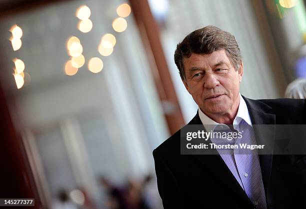 Head coach Otto Rehhagel of Hertha BSC Berlin looks on prior to a DFB Federal Court ruling on the Hertha Berlin appeal over relegation playoff at...