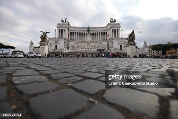 View of the Altare della Patria from Piazza Venezia in the historic center of Rome on December 27, 2022 in Rome, Italy.
