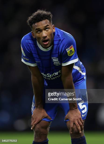 Auston Trusty of Birmingham City looks dejected after Nathan Tella of Burnley scores their side's third goal during the Sky Bet Championship between...