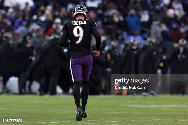 Place kicker Justin Tucker of the Baltimore Ravens jogs off the field against the Atlanta Falcons at M&T Bank Stadium on December 24, 2022 in...