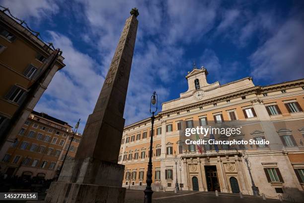 View of Palazzo Montecitorio, in Piazza del Parlamento and Piazza Montecitorio, seat of the Chamber of Deputies and of the Italian Parliament, in the...