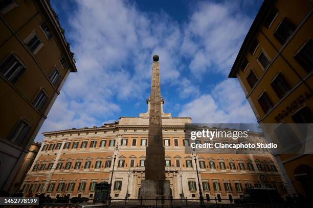 View of Palazzo Montecitorio, in Piazza del Parlamento and Piazza Montecitorio, seat of the Chamber of Deputies and of the Italian Parliament, in the...