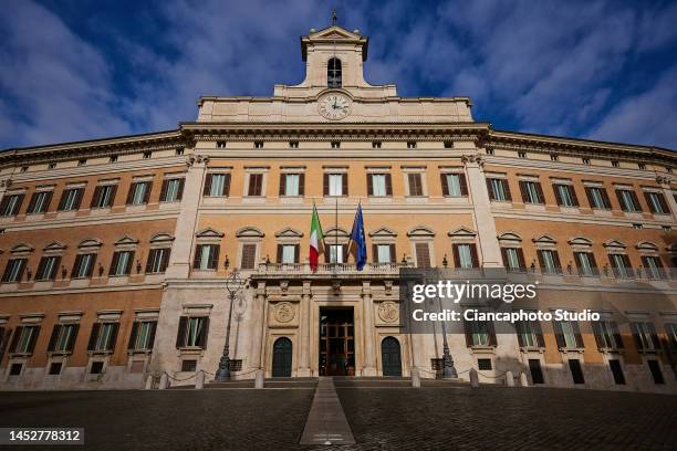 View of Palazzo Montecitorio, in Piazza del Parlamento and Piazza Montecitorio, seat of the Chamber of Deputies and of the Italian Parliament, in the...